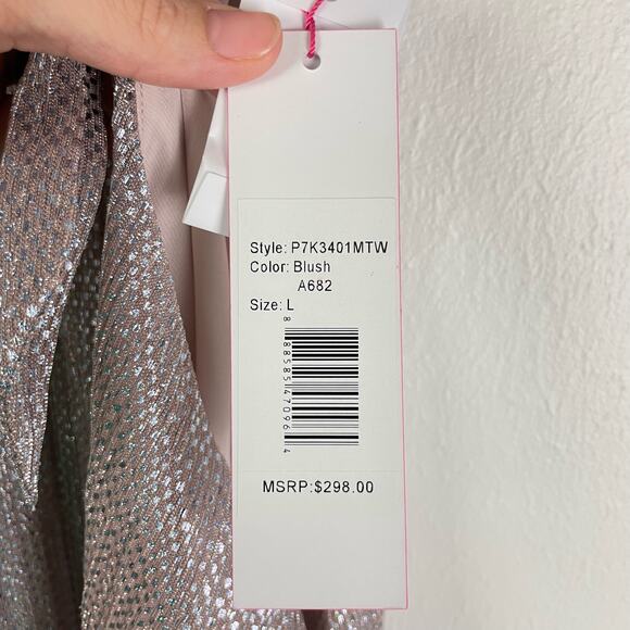 Parker | NWT Blush Pink Silver Metallic Tie Neck A-line Sleeveless Blouse - Picture 9 of 10